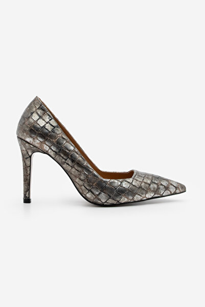 Marjin Kadın Stiletto Sivri Burun Croco Desenli Topuklu Ayakkabı Davin Platin Croco