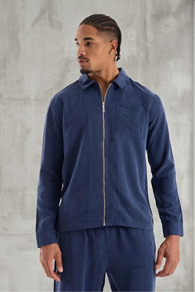 Valiberta Чоловічий піджак з тканини Cupra з блискавкою, прямий крій - темно-синій