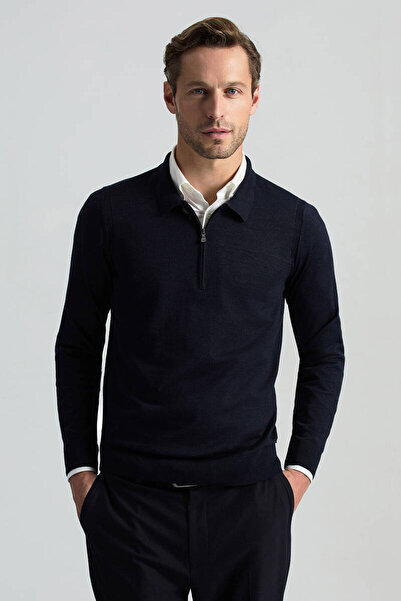 Hemington Merino Yün İpek Karışım Polo Yaka Yarım Fermuarlı Lacivert Triko