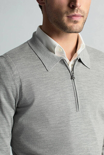 Hemington Merino Yün İpek Karışım Polo Yaka Yarım Fermuarlı Açık Gri Triko