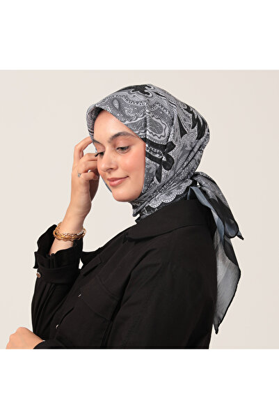 ipekistanbul Eșarfă din mătase de bumbac - Model indian - Negru Gri