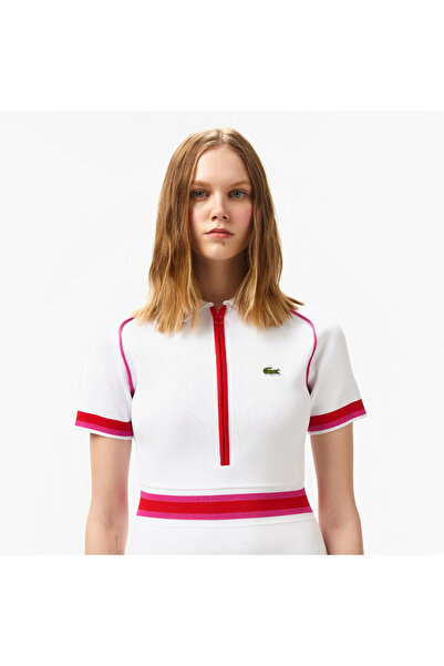 Lacoste Kadın Classic Fit Kısa Kollu Polo Yaka Renk Bloklu Beyaz Elbise