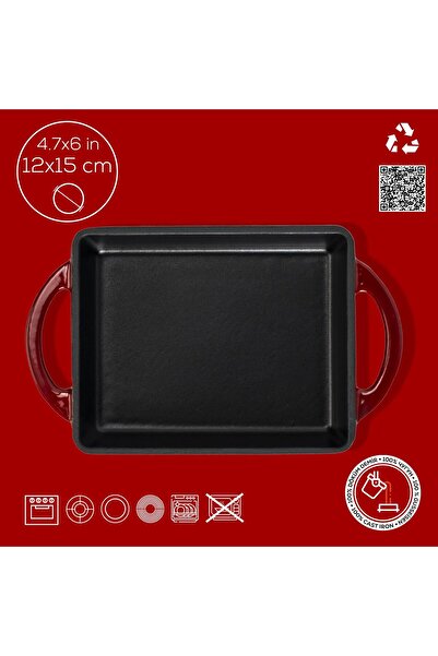 Lava Döküm Dikdörtgen Sahan Döküm Demir Yekpare Çift Kulplu Ölçü 12x15cm.-Bordo