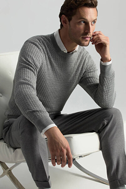 Hemington Merino Yün İpek Karışım Örgü Desen Bisiklet Yaka Açık Gri Triko