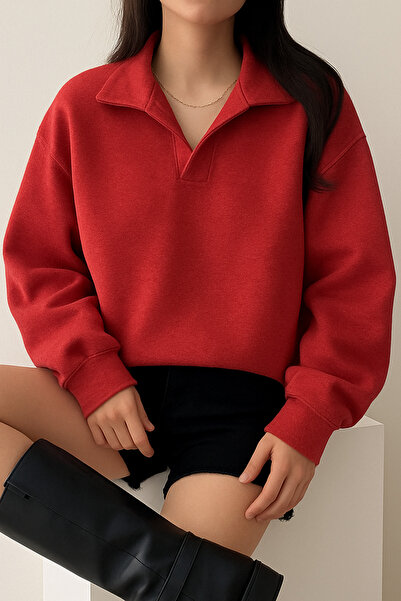 Deocept Unisex V-Yaka Polo Yakalı Basic Oversize Swetshirt