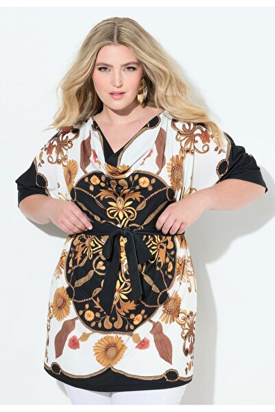 Şans Women's Plus Size Black-White, Floral Pattern, Bat Sleeve Tunic 65N39125