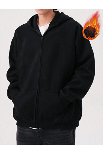 COHERENT سترة صوفية - سترة شتوية سوداء مطبوعة كبيرة الحجم مع جيوب بسحاب وتفاص...