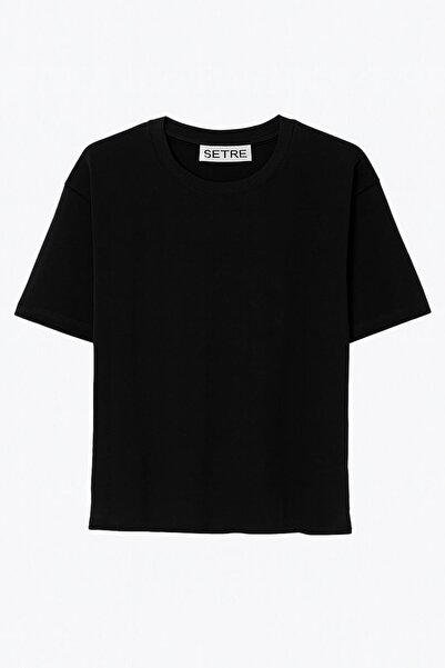 Setre Tricou negru 100% bumbac, cu decolteu crew, cu mânecă scurtă, oversize