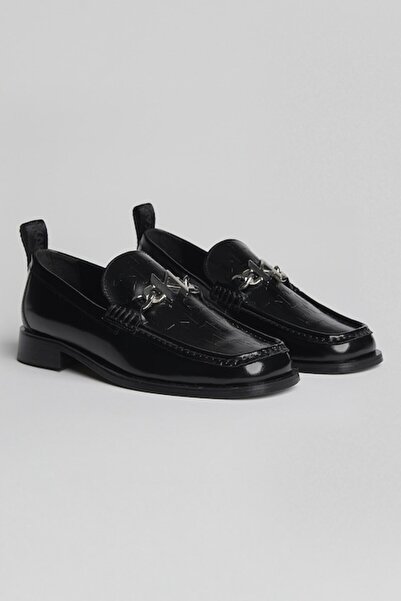 Karl Lagerfeld - Leather Loafers with Metallic Detail, Black, Size 37