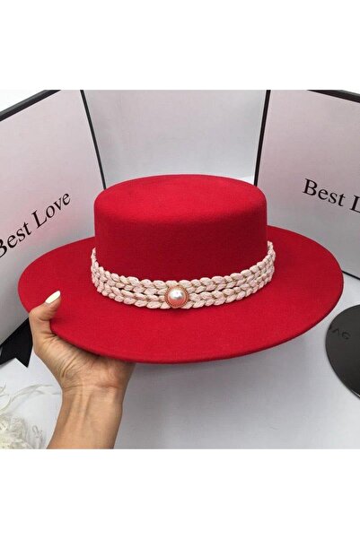 Pursehuit Women's hat, red, boater style, with wide brim, Miranda