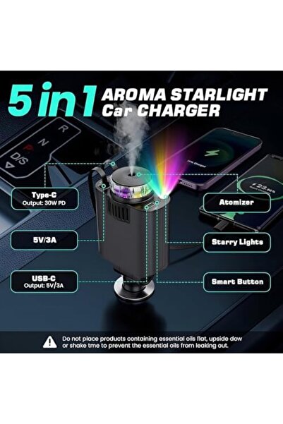 Generic 5-in-1 Car Charger with Air Freshener, Star light, Retractable Cables USB-C & iOS, 3 Perfume Bottle