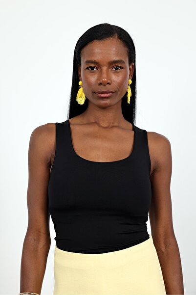 5in1Canpolat Μαύρο μονό μπλουζάκι με μηδενικό μανίκι 015