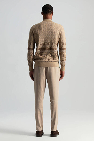 Hemington Merino Yün İpek Karışım Paisley Desen Lupetto Yaka Camel Triko Kazak
