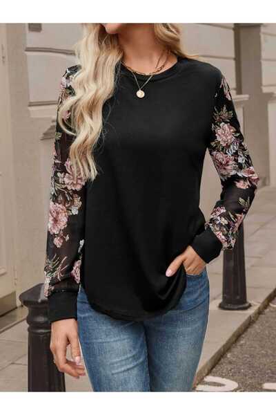 JANES Γυναικεία μπλούζα με λουλουδάτο σχέδιο με λαιμόκοψη και υφασμάτινη βισκόζη με δύο κλωστές