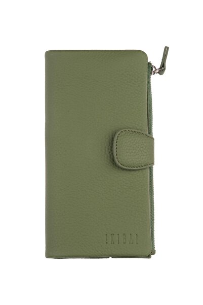 Deriderim Yeşil Fermuarlı Bölümlü Bol Kartlıklı Kağıt para Bölümlü Uzun Çıtçıt Kapamalı Kadın Deri Cüzdan