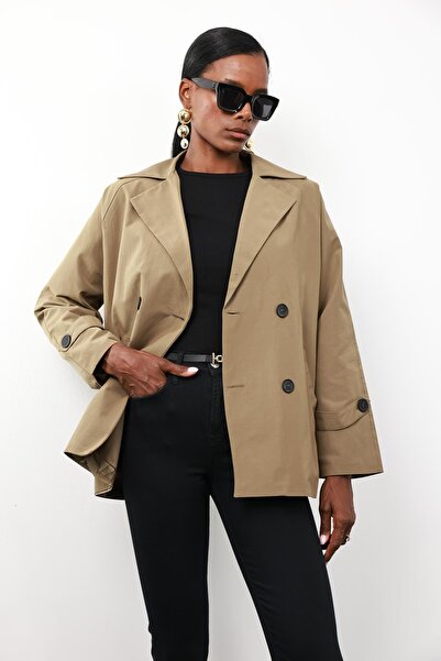 5in1Canpolat Khaki Buttoned Back Short Trench Coat 2013