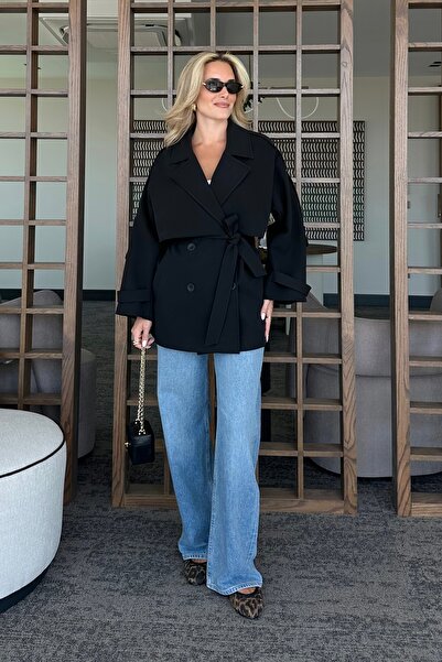 Laluvia Black Oversize Off Shoulder Short Trench - 9580