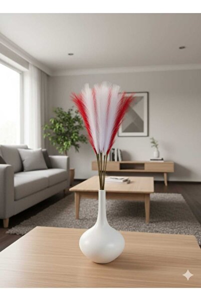 YASİMA Kırmızı Beyaz Pampas Çiçeği Ofis Dekorasyonu → Masa & Vazo Çiçekleri 70 Cm