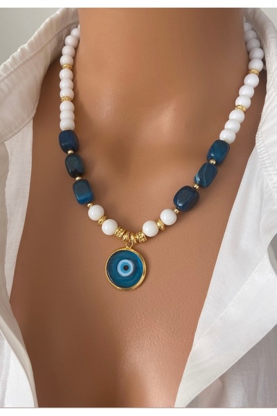 TARZ-I TAKI DOĞAL TAŞ Mavi Akik Detay Göz Uç Beyaz Tasarım Kolye