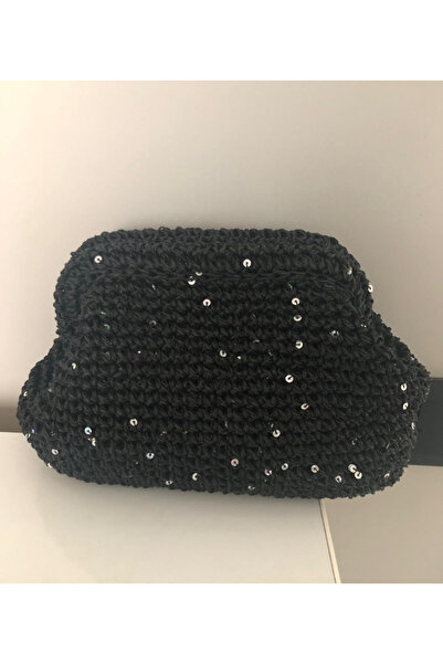 PeriStore Siyah Hasır Pullu İpten El Örmesi Portföy Çanta 25x20 cm