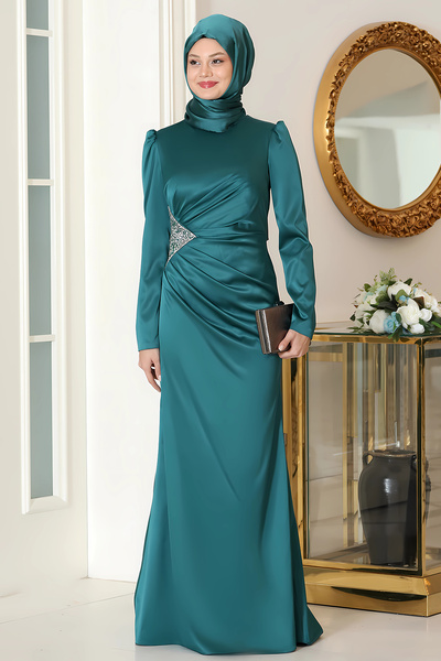 Raika Moda Elegant Satin Efsun Evening Dress with Waist Stone Print