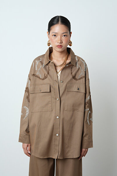 Orfeo Negro Kadın Çift Cepli Önü Boncuk İşlemeli Düz Renk Gömlek