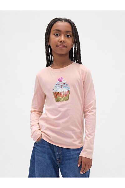 GAP Kız Çocuk Pembe Flippy-Sequin Grafik T-Shirt