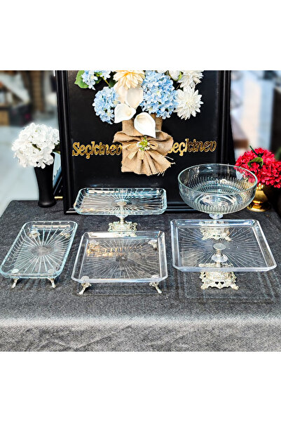 SEÇKİNEV Lovely 5 Parça Metal Ayaklı Sunum Tabağı Set (GOLD&GÜMÜŞ)