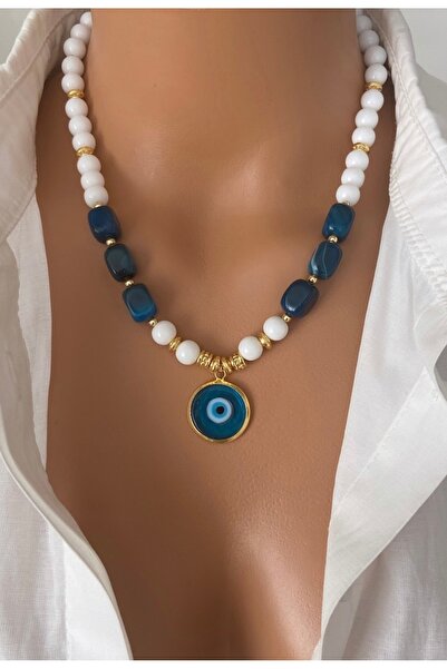 TARZ-I TAKI DOĞAL TAŞ Mavi Akik Detay Göz Uç Beyaz Tasarım Kolye