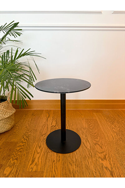 EFFE YAPI DEKOR Siyah Mermer Desenli Modern 40 CM Zigon Yan Sehpa 8 MM Temper Cam