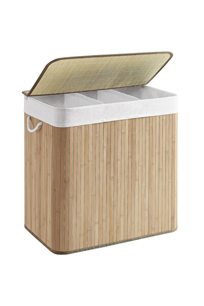 Optim Solution Bamboo Laundry Basket, Foldable, with Removable Washable Lining, 3 Compartments, 150L, 60x40x60cm, N