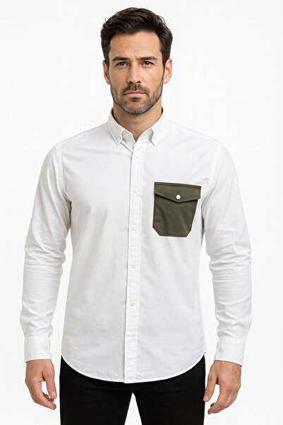 Madalyon Uzunkol Slim Fit Shirt White - Khaki