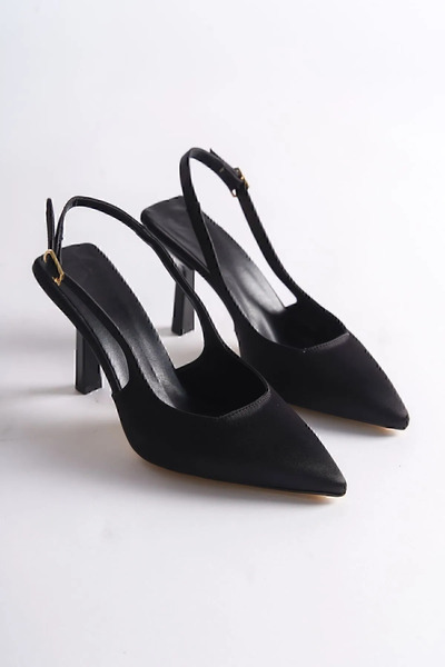 ŞIK STORE Satin Stiletto Pointed Toe Open Back Heeled Casual Comfortable Women's Black Heeled Shoes