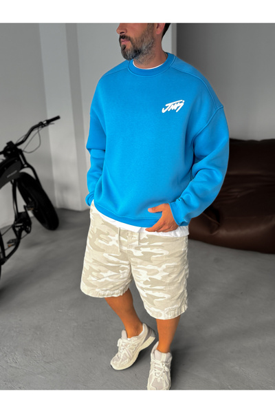 BYBASICMAN Mavi Basic Baskılı Sweatshirt JJ-100