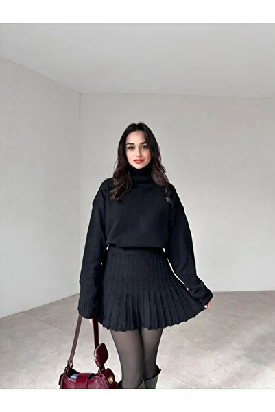 ARONLİ Women's Knitwear Tunic Sweater and Pleated Mini Skirt Set