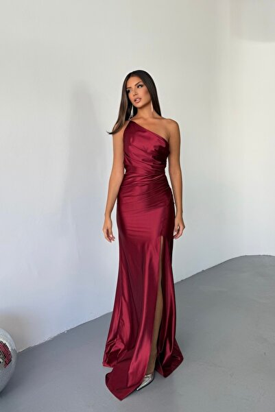 İyem Abiye Örme Saten Parlak Tek Omuz Düz Abiye Elbise Dar Kalıp