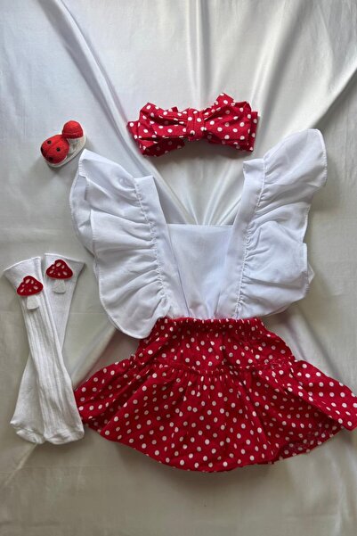 Al Ver Gülüm Kız Bebek Fırfırlı Kırmızı Puantiye Bandanalı Salopet File Çorap...