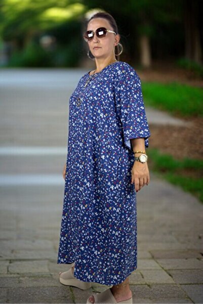 yagmurberen Truvakar Sleeve Cropped Collar Relaxed Fit Cotton Viscose Flare Fit Extra Large Size Dress