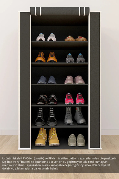 Meleni Home 6 Katlı Fermuarlı Bez Ayakkabılık - Bölmeli Ayakkabı Düzenleyici Raf Çok Amaçlı Bez Dolap Gri