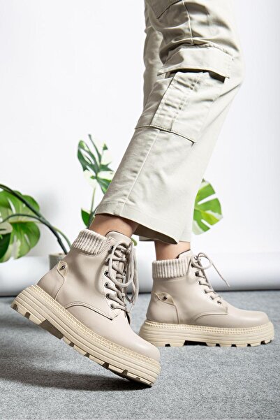 motto store Beige Leather Elastic Lace-Up Flat Sole Women's Boots