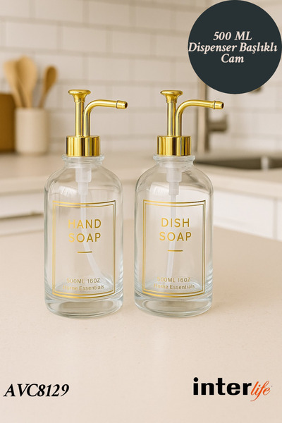 İnterlife 2li Sıvı Sabunluk Modern Dispenser Başlıklı Etiketli Cam Sabunluk B...
