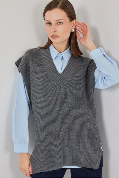Bigdart Pulover de tricotat cu decolteu în V pentru femei 15925 - Gri