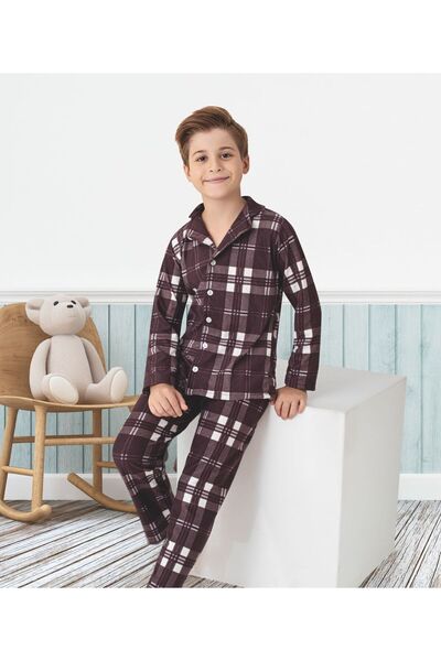 zahider Boy's Plaid Patterned Button-Down Suede Fabric Pajama Set