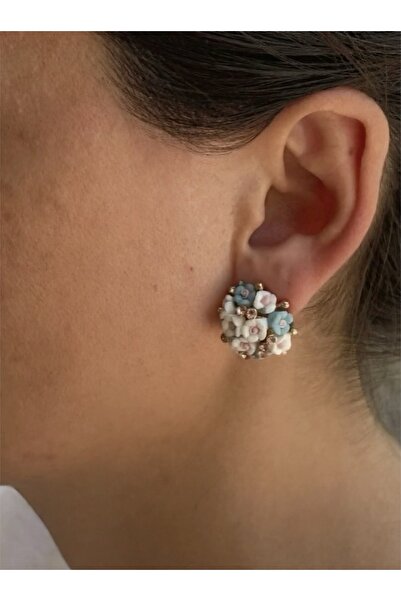 QUEENELA Blue White Flower Ball Earrings