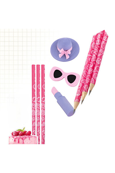 zola Set of 3 scented pencils and 3 erasers, raspberry flavor, funny patterns, pink