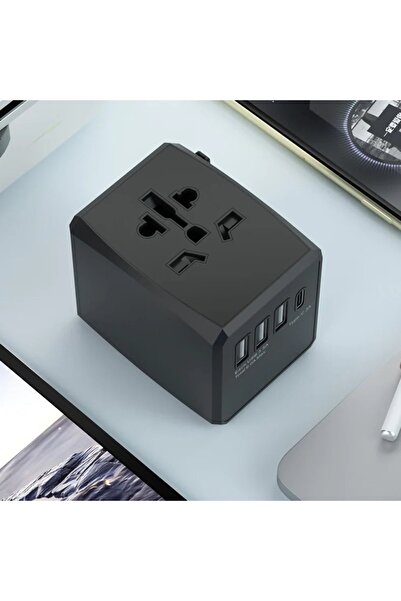Stef's Cat Adaptor de alimentare PD15W, 3 x USB, Tip-C, UE, Marea Britanie, Australia, SUA, D55, Policarbonat, Negru