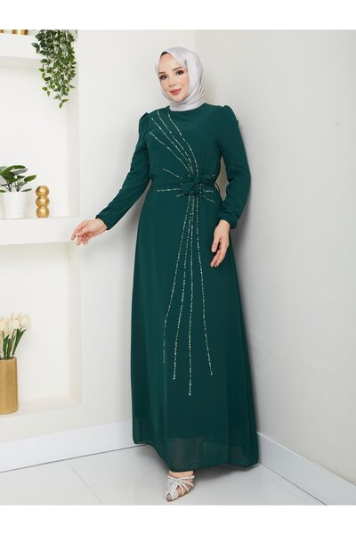 hiramir Taş İşlemeli Asimetrik Abiye-42 - Zümrüt Yeşili