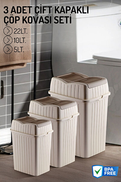 Nandy Home Set of 3 Double Lid Trash Cans - Trash Can for Kitchen and Bathroom - 22-10-5Lt.