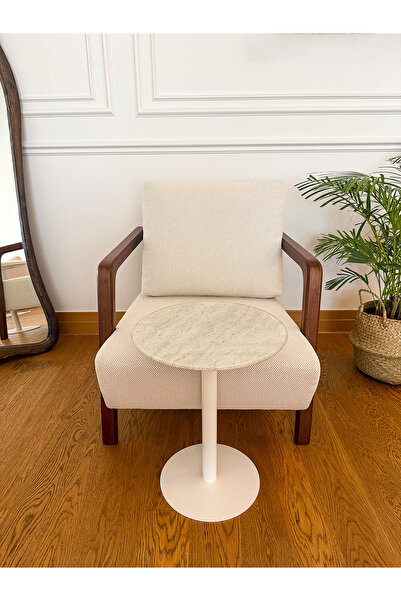 EFFE YAPI DEKOR Traverten Mermer Desenli Modern 40 CM Zigon Yan Sehpa 8 MM Temper Cam