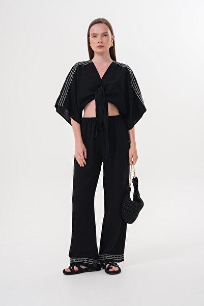 LEVURE Shoulder Embroidery Detailed Tie Waist Shirt Black